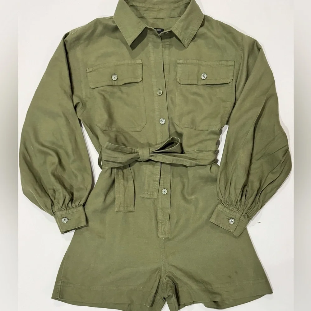 Banana Republic XS Petite Olive Linen Blend Belted Utility Romper